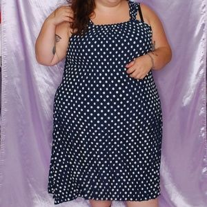 Modern Spanish Fashion Alquema Plus-Size Pleated Navy Blue White Polka Dot Dress